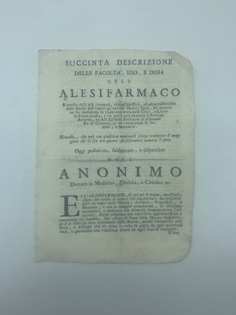 Succinta descrizione delle facoltà, uso e dosa dell'alesifarmaco rimedio delli più rinomati...